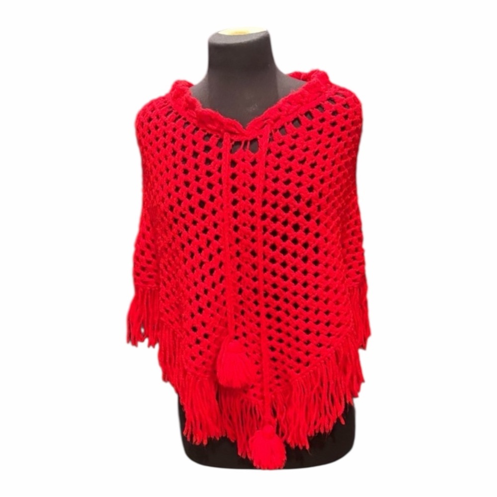 Boho Crochet Poncho Fringe Top | Bright Red | One Size